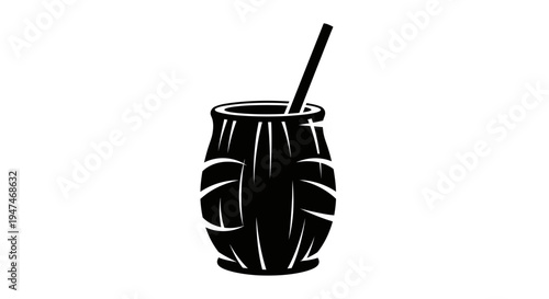 Black and white illustration of a mate gourd with a bombilla straw, isolated on white.