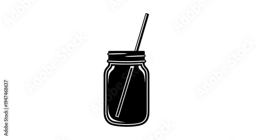 Black and white silhouette of a mason jar with a straw, perfect for drinks and recipes.