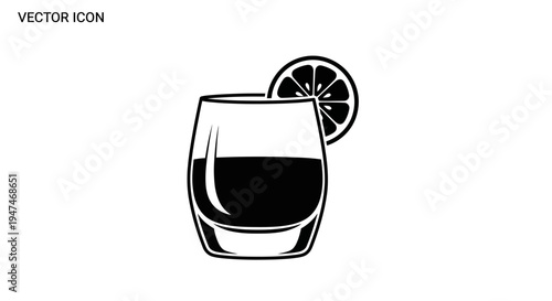 Black and white vector icon of a cocktail with a lemon slice garnish