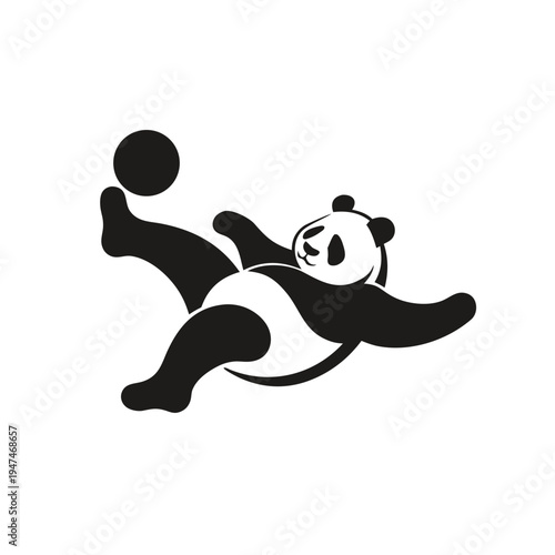 Panda playing football, kicking ball, black and white illustration