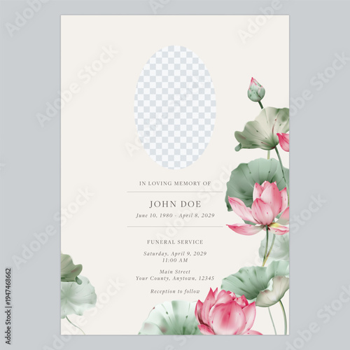 Minimalist funeral invitation featuring watercolor-style pink lotus flowers and an oval photo placeholder on a soft cream background