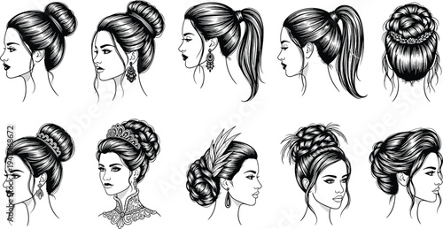 Elegant women hairstyle set, bridal bun ponytail and braided hair styles, female beauty salon vector illustration isolated fashion collection