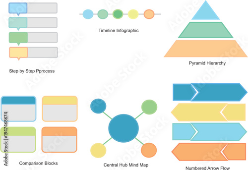Six distinct vector infographic templates for clear data visualization and engaging business presentations, covering processes, timelines, and hierarchies