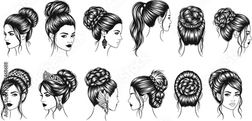 Elegant women hairstyle collection, bridal bun and ponytail hair styles, female beauty salon vector illustration isolated fashion design set