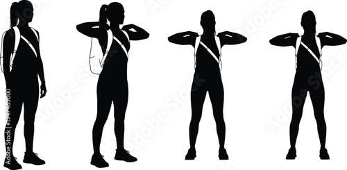 Female hiker silhouette set, woman with backpack standing poses, traveler girl outdoor adventure, trekking backpacker character isolated vector illustration