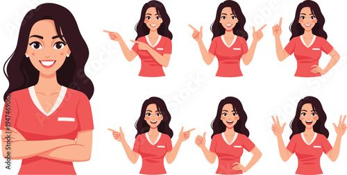 Female nurse character set, smiling healthcare worker gestures, medical staff avatar collection, hospital professional woman illustration poses
