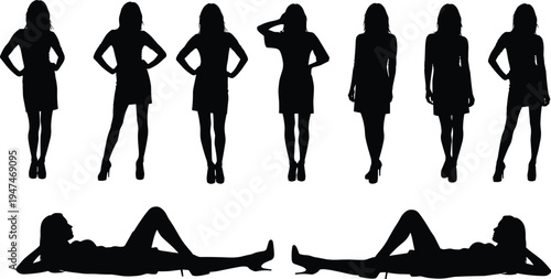 Female silhouette collection, elegant woman poses standing and lying set, fashion model shadow vector illustration isolated stylish girls