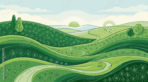 Elegant saint patrick's day landscape background with rolling green hills winding road and vibrant flora under a sunny sky with fluffy