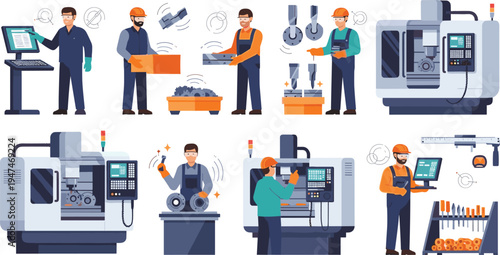 Set of Industrial Factory Workers Operating CNC Machines and Automated Milling Equipment for Metalworking Manufacturing and Engineering Workshop Vector Illustration