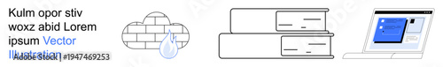 Data security, cloud computing, online storage, information access, digital learning, document organization. A stack of books, cloud icon and laptop screen. Data security and cloud computing concept