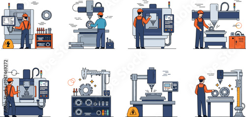 Industrial Factory Workers Operating CNC Machines and Milling Equipment Set for Manufacturing Process Engineering and Metalworking Workshop Vector Illustration