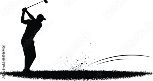 Golfer swinging golf club on course silhouette, golf ball flying from grass bunker shot, sport activity vector illustration