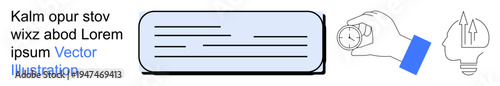 Time management, creativity, brainstorming, organization, productivity, innovation. A rectangular text box, hand holding a clock and lightbulb with a pencil. Time management and creativity concepts