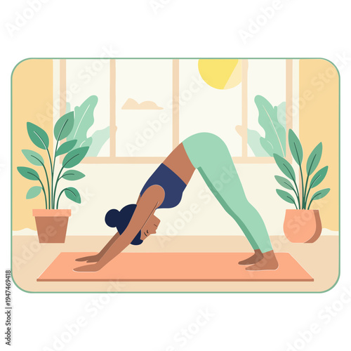 Woman practices downward-facing dog yoga pose on mat in indoor room with plants
