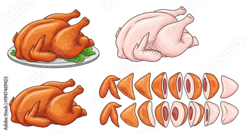 Whole roasted chicken and sliced chicken pieces, ready to serve and eat