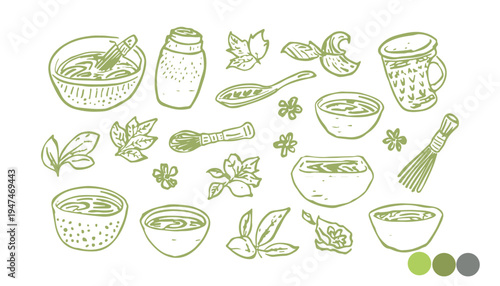 Matcha ceremony . Collection of Japanese tea ceremony icons including chasen whisk, teapot, and latte for a healthy cafe menu design.