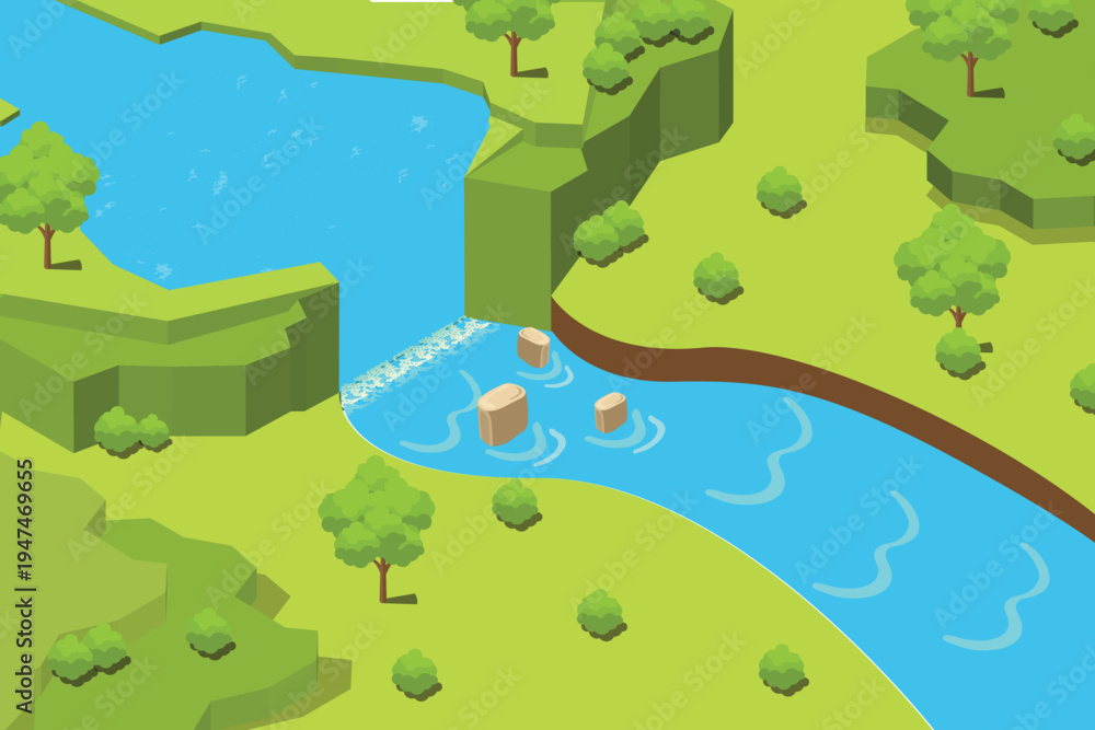 Obraz premium isometric hill with river waterfall and pine forest, suitable for asset nature