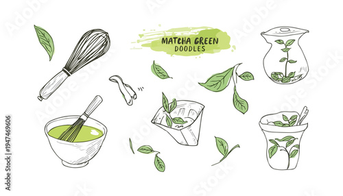 Hand drawing Cartoon set of matcha green tea. 
