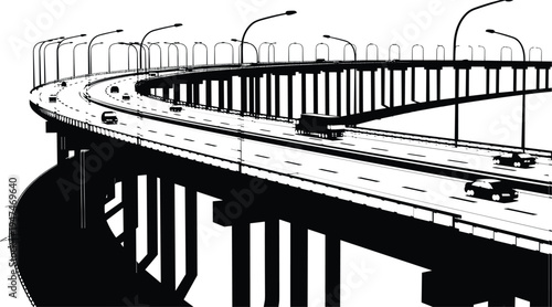 Highway overpass bridge silhouette, urban transport infrastructure with cars and truck, curved freeway interchange, modern city road engineering illustration