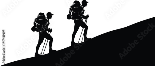 Hiking backpacker silhouette vector, mountain trekking adventure illustration, hikers climbing hill with trekking poles, outdoor travel expedition design