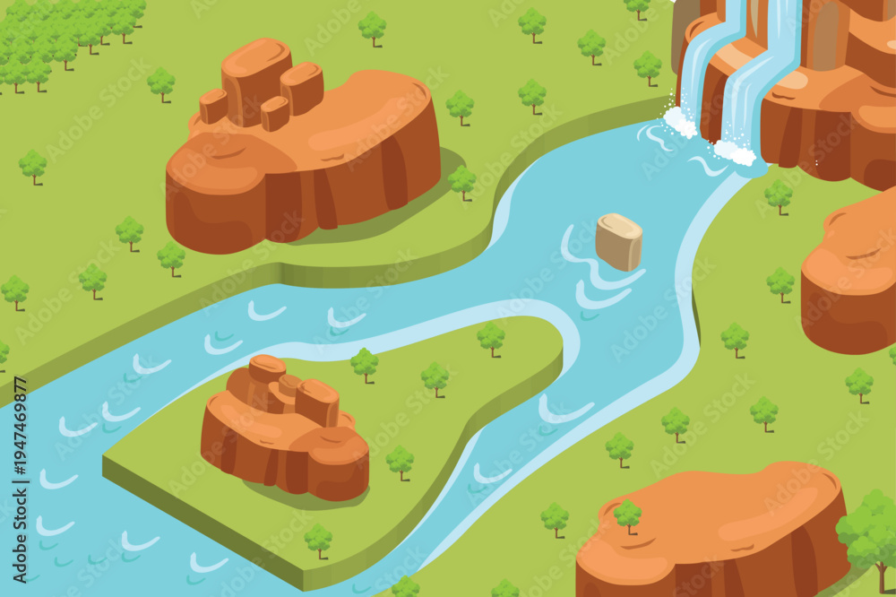 Naklejka premium isometric hill with river waterfall and pine forest, suitable for asset nature