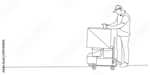 Continuous line drawing of delivery man with trolley and boxes