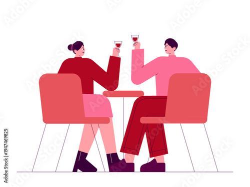 Two people enjoying a social interaction while having drinks together. Romantic illustrations. Flat vector concepts.