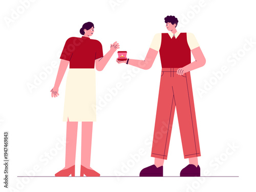The man is holding out a small red box containing a ring towards the woman. Romantic illustrations. Flat vector concepts.