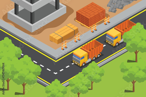 Isometric building construction. 3d scene of workers and special transport, bulldozer and truck crane. Build yard ground, flawless vector scene
