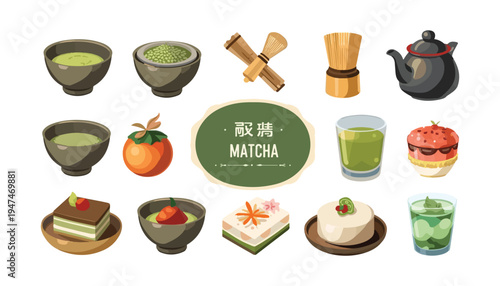A vibrant collection of traditional and modern matcha items, showcasing the diverse ways to enjoy this green tea, from ceremonial preparation to delicious desserts and refreshing drinks