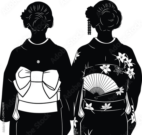 japanese kimono women silhouette, traditional geisha hairstyle, kimono obi bow detail, japanese culture fashio