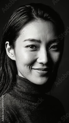 Timeless black and white close up headshot of beautiful Asian woman with radiant smile