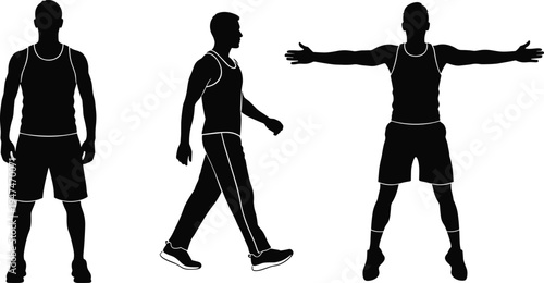 Male athlete silhouette vector set, muscular man walking standing poses, sports fitness model body template, black silhouette character illustration