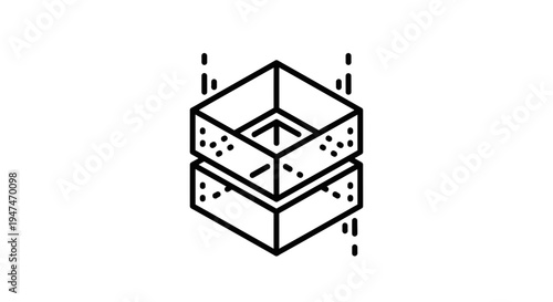 Abstract geometric cube structure, stacked boxes, data storage concept, clean line art icon