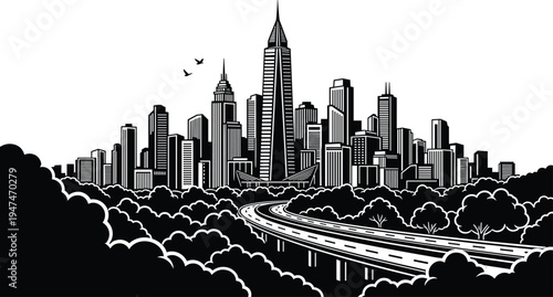 Modern city skyline vector illustration, urban downtown skyline silhouette, skyscraper cityscape with highway road, metropolitan architecture landscape design
