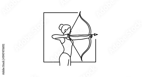 Archer Woman Aiming Bow and Arrow, Minimalist Line Art Icon