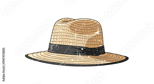 Distressed straw fedora hat with black band, vintage style