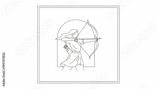 Archer Woman Drawing Bow Arrow Silhouette Line Art