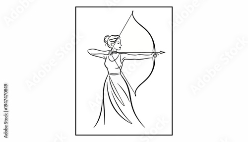 Archer Woman Drawing Bow Arrow Silhouette Line Art