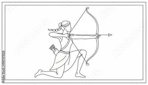 Archer Woman Kneeling Drawing, Aiming Bow and Arrow, Hunting, Sport, Ancient Warrior Illustration