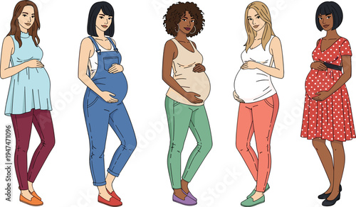 Pregnant women diversity illustration, expecting mothers different styles, pregnancy motherhood concept, maternity lifestyle vector, multicultural pregnant women standing together