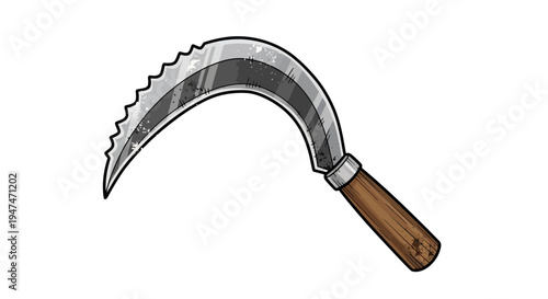 Serrated sickle with wooden handle, agricultural tool illustration