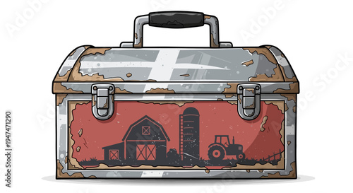 Vintage Metal Toolbox with Farm Scene Graphic