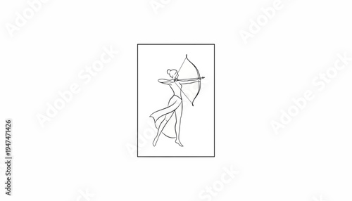 Archer Woman Silhouette Drawing, Dynamic Pose, Aiming Bow and Arrow, Minimalist Line Art