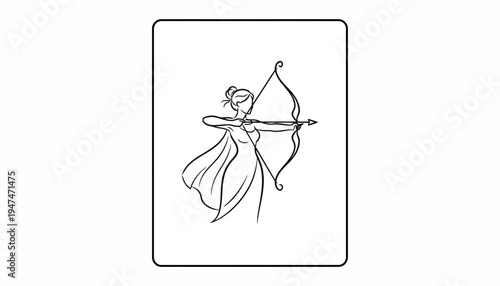 Archer Woman Silhouette Drawing, Sagittarius Zodiac Sign, Archery Sport, Elegant Line Art