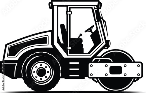 Road roller compactor machine vector illustration, construction vehicle equipment, asphalt roller for roadwork, heavy machinery transport, engineering industry vehicle