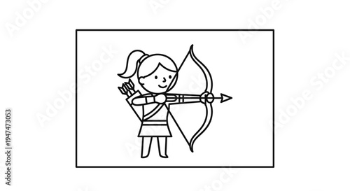 Cartoon Archer Girl Shooting Bow and Arrow, Zodiac Sagittarius Symbol