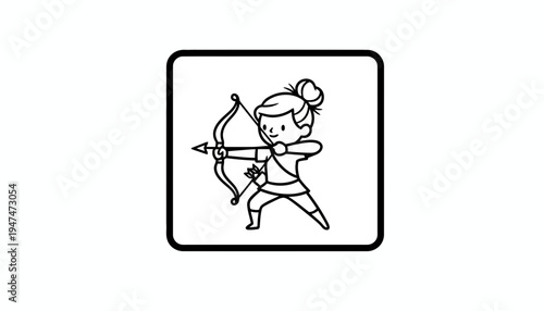 Cartoon Archer Girl Holding Bow and Arrow, Zodiac Sign Sagittarius Icon