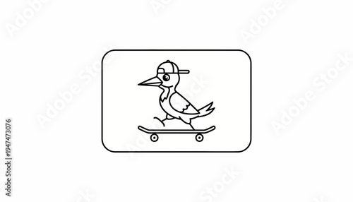 Cartoon Bird Character on Skateboard Wearing a Cap, Vector Illustration