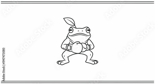 Cartoon Boxing Frog with Leaf Hat Ready to Fight